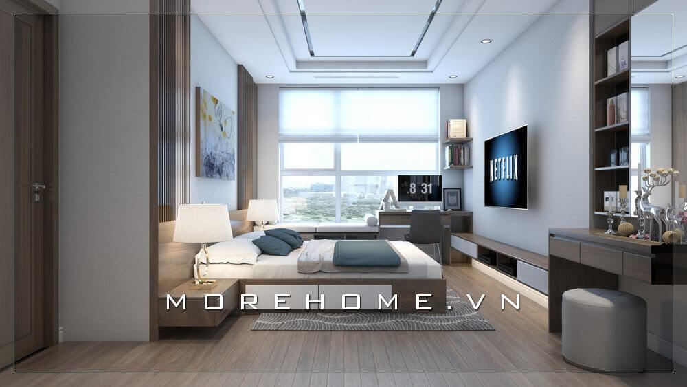 Phòng ngủ chung cư hiện đại được bố trí hợp lí, khoa học, toàn bộ nội thất trong căn phòng được thiết kế đa năng mang lại sự thuận tiện nhất cho gia chủ
